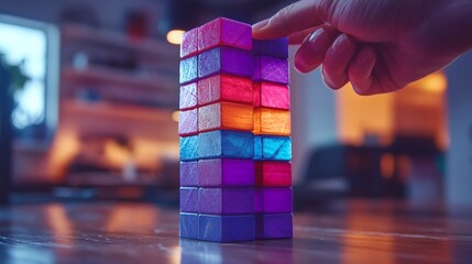 A person's finger delicately balancing colorful blocks on a table, the person trying to keep the blocks from falling.