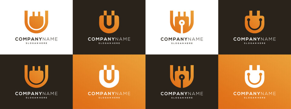 Abstract letter U with electrical plug logo design ideas. Creative electricity vector illustration based icons template.	