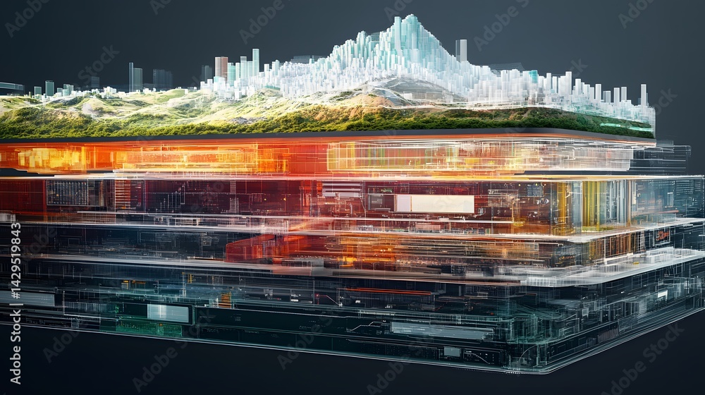 Poster a visually stunning representation of layered technology and urban landscapes, merging natural eleme