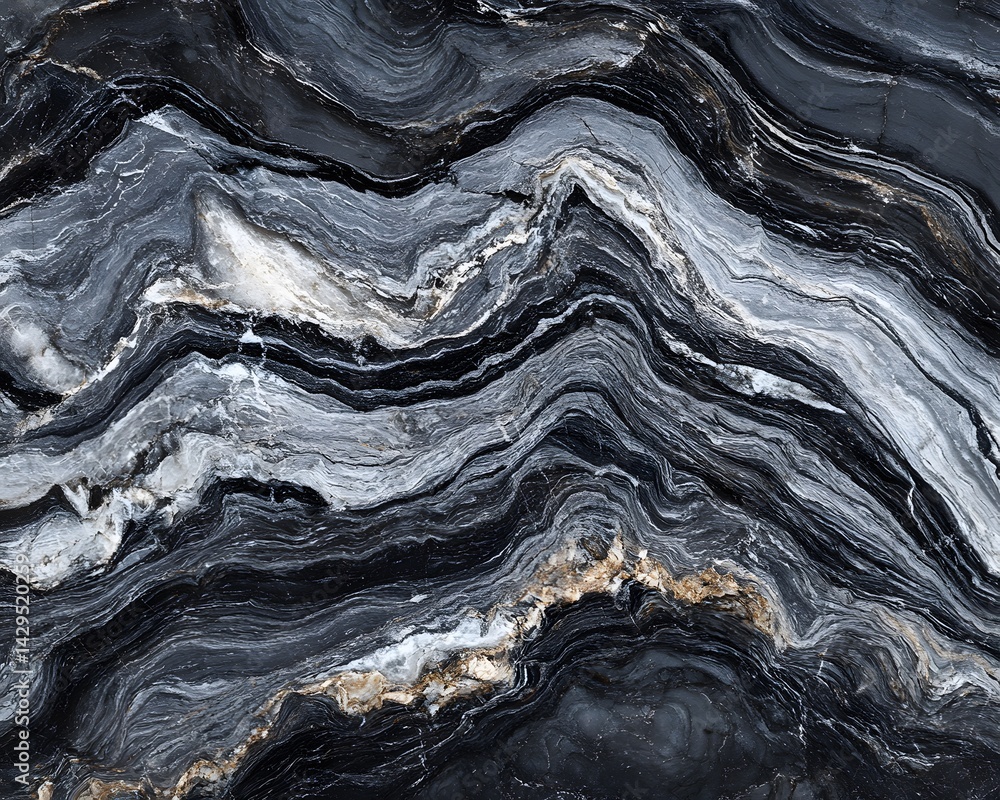 Poster An abstract close-up of a black and gray marble surface, showcasing intricate textures and smooth patterns. Perfect for backgrounds, design projects, or as a natural decor element.