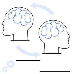 Two human head profiles with brain outlines connected by arrows, symbolizing idea exchange. Ideal for education, teamwork, innovation, learning, communication, collaboration, simple landing page