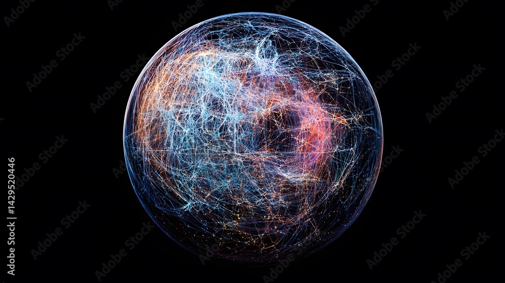 Poster an abstract representation of a global network, showcasing vibrant connections and intricate pattern