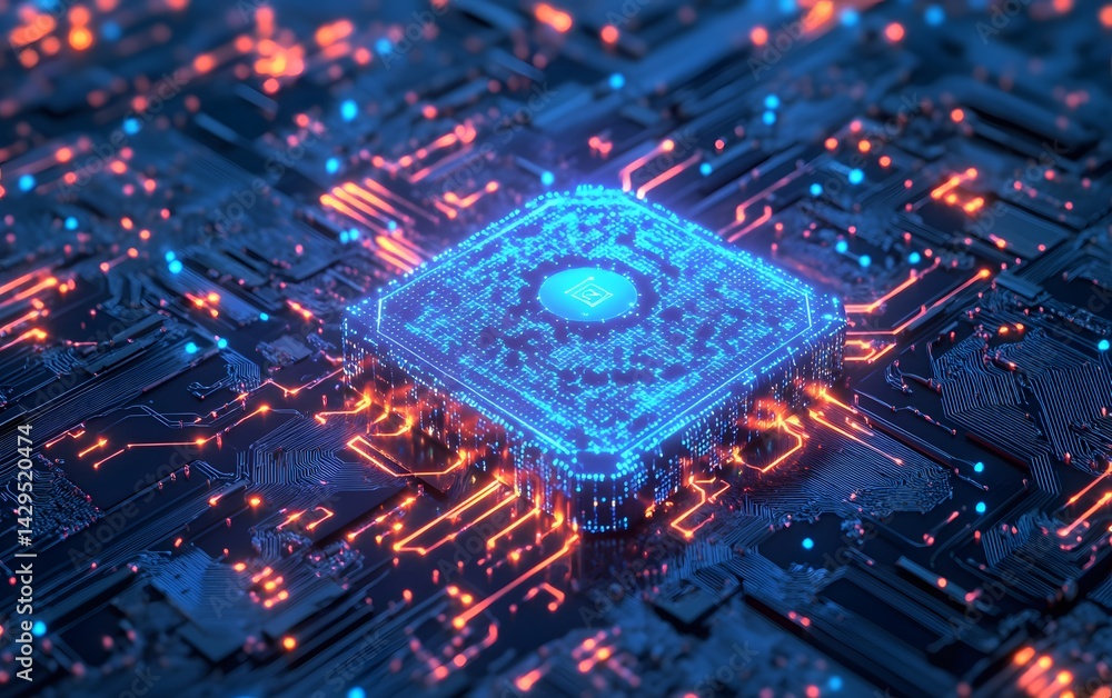 Poster an abstract representation of a microchip glowing with vibrant circuit patterns. this futuristic ima
