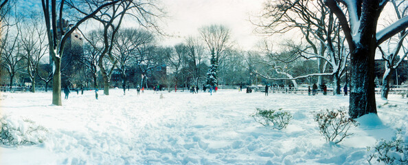 Panoramic snow covered park, Lower East Side, Manhattan, New York City, New York State, USA.