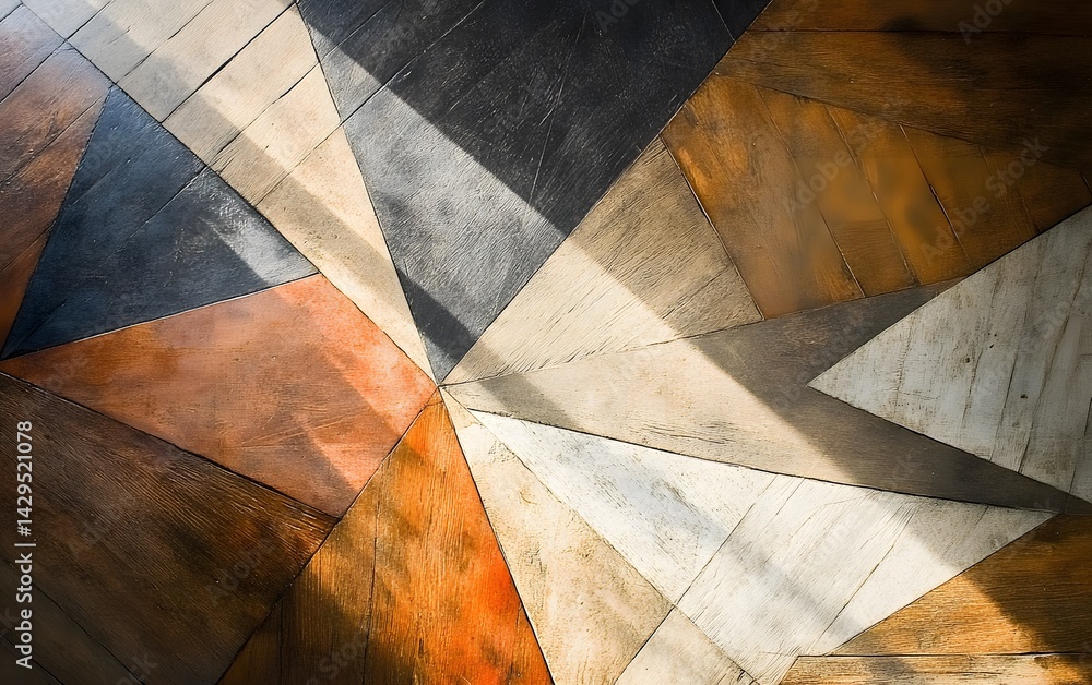 Poster An artistic view of a modern floor design, showcasing geometric patterns with vibrant colors and intricate textures, creating a harmonious blend of light and shadow.