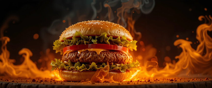 "A juicy cheeseburger with lettuce and tomato engulfed in dramatic flames on a dark background, capturing the fiery intensity of fast food for bold culinary and advertising visuals."