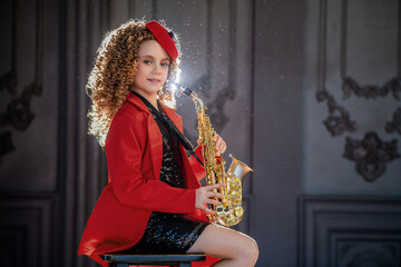 Young Girl Enthusiastically Playing Saxophone in Studio