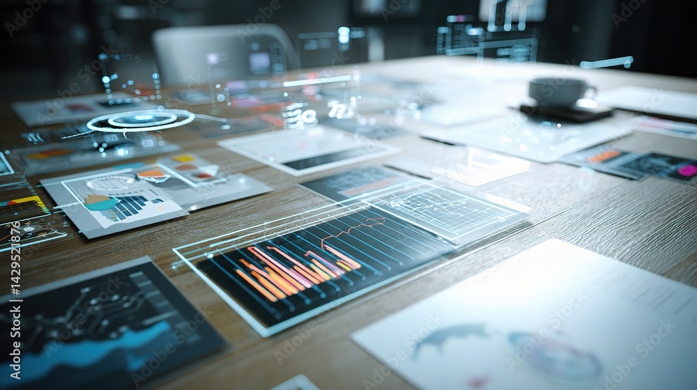 Poster innovative business reports with data visualization and graphs display