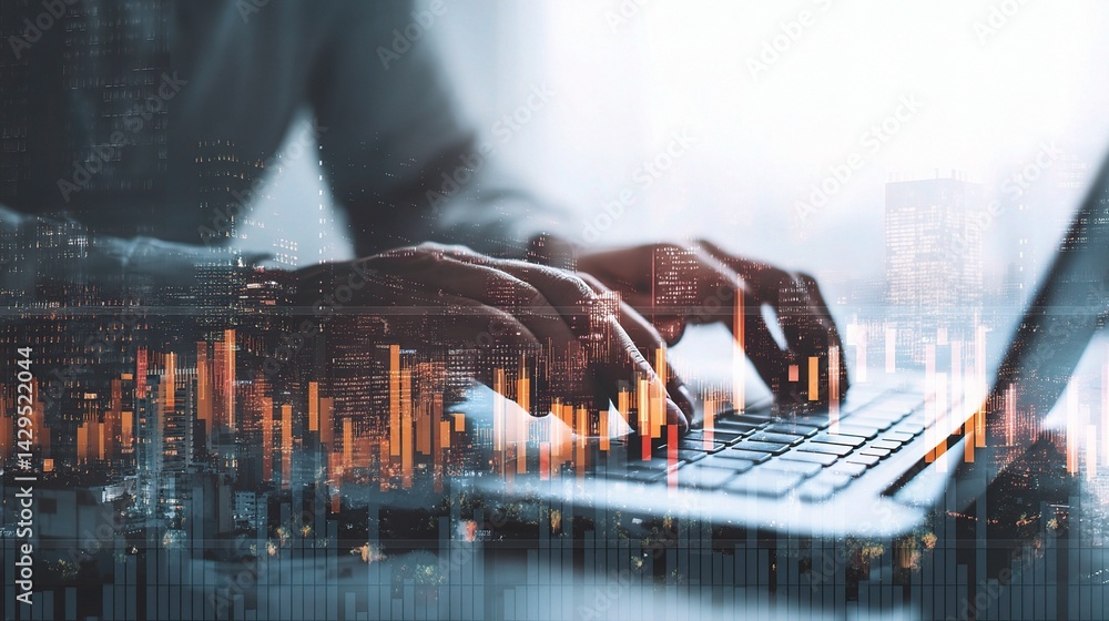 Poster financial data analysis with hands typing on keyboard and skyline