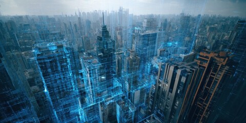 Futuristic Cityscape with Digital Blueprints Overlay
