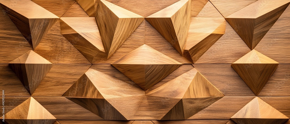 Poster this image showcases an intricate wooden pattern with three-dimensional geometric shapes, highlighti