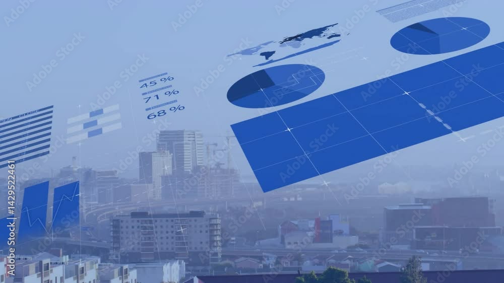 Poster flat design data overlay animating over urban skyline, showcasing pie charts, bar graphs, world map