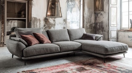 Obraz premium Grey sectional sofa in a stylish industrial living room.