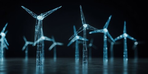 Futuristic Wireframe Wind Turbines Representing Renewable Energy