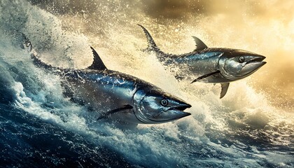 Two magnificent tunas leap gracefully from the ocean, showcasing their powerful bodies against a backdrop of swirling waves and a dramatic sky, embodying the beauty of marine life.