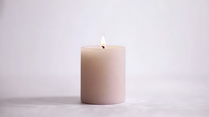 Burning Beige Candle on White Background, Simple Still Life Photography