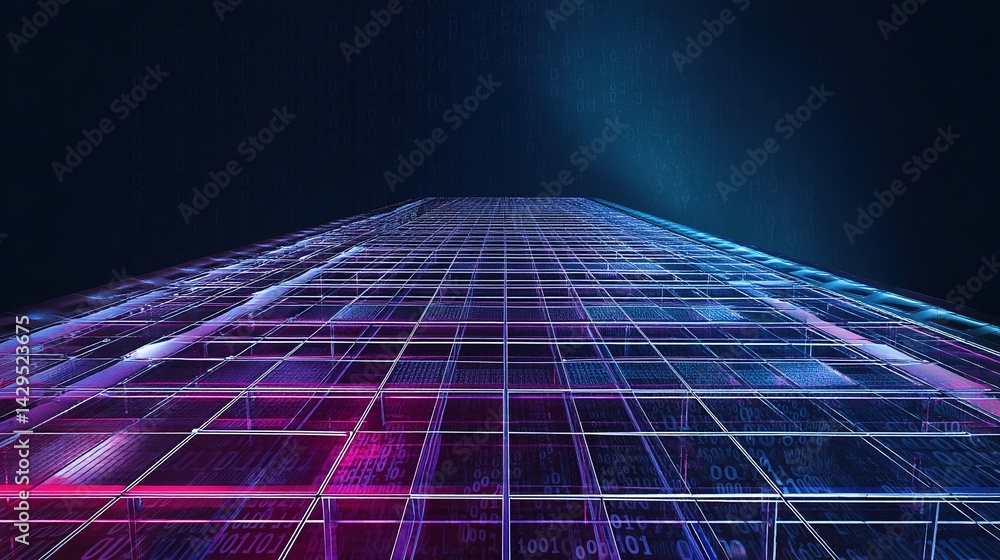 Poster dynamic glass skyscraper with binary overlay and futuristic design