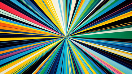 Color explosion in radial motion with bright converging lines designed to impress. Sharp lines stretch to infinity. Modern colorful geometry in endless motion full of speed and life. Vector background