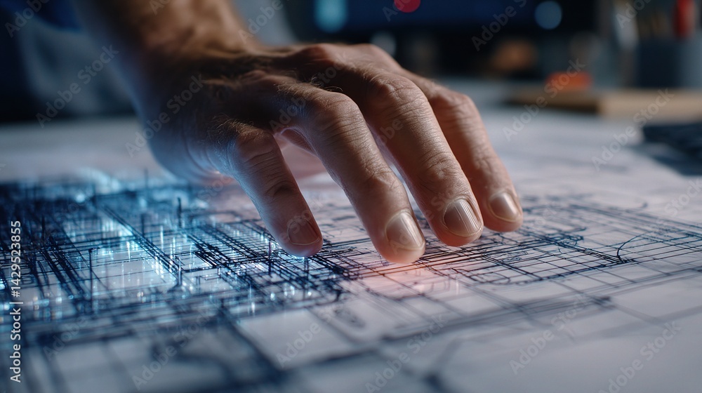 Poster close up of engineer's hand on blueprint with technical visualization