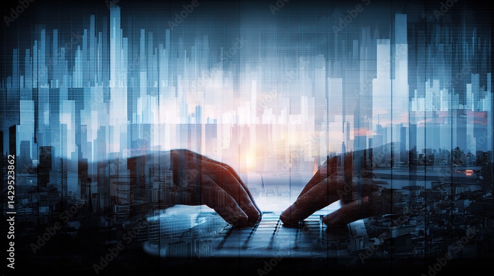 Poster hands typing on keyboard with financial data and skyline background