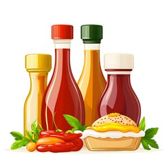 Spicy Sauces Bottles and Chili Peppers Illustration