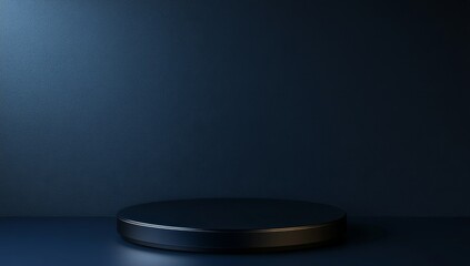 Dark, minimalist, circular display podium.  Empty, modern, product presentation