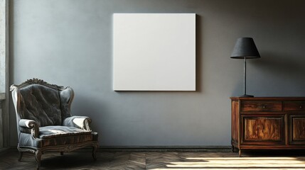 Empty canvas art piece displayed in a dimly lit antique room.