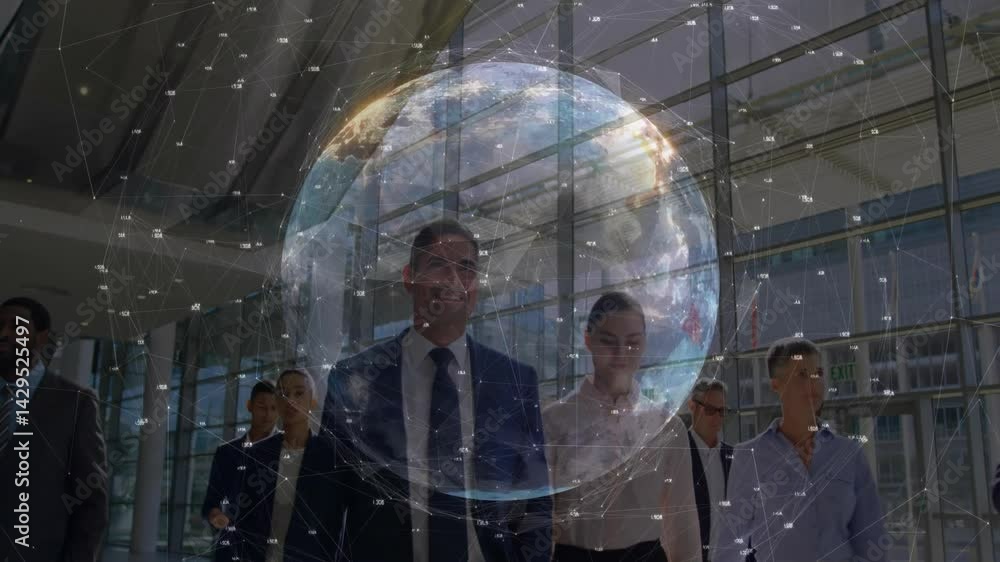 Aufkleber corporate team walking through lobby, displaying 3d holographic globe network for business tech