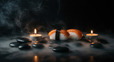 Serene salmon nigiri arrangement, featuring sushi, candles, and smooth stones enveloped in mist, evoking a tranquil dining experience.