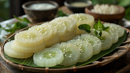  Fresh and soothing vibe from real photo. Thinly sliced cucumber with fresh mint leaves and yogurt dips in the background. Perfect for healthy snacks, refreshing meals, and vegan lifestyle visuals.