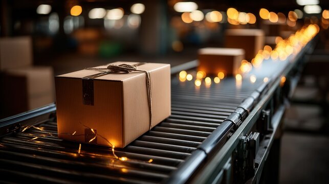 Efficient cardboard package moving on conveyor belt in warehouse