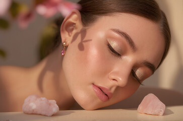 A serene beauty portrait in soft, warm lighting featuring a young woman with closed eyes and a peaceful expression. 