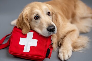  golden retriever with red cross pet first aid kit  
