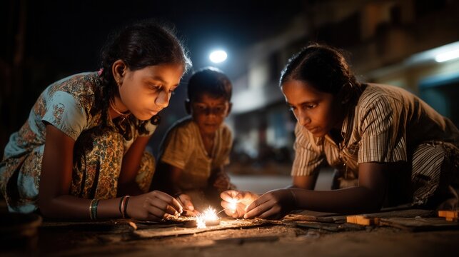Focused Indian children lighting sparklers at night street