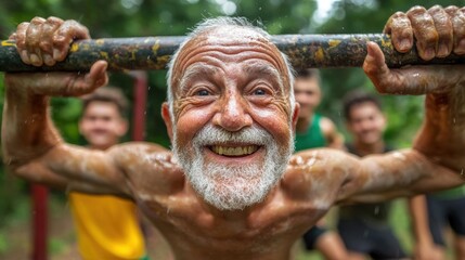 Obraz premium A man with a beard and mustache is lifting a barbell.