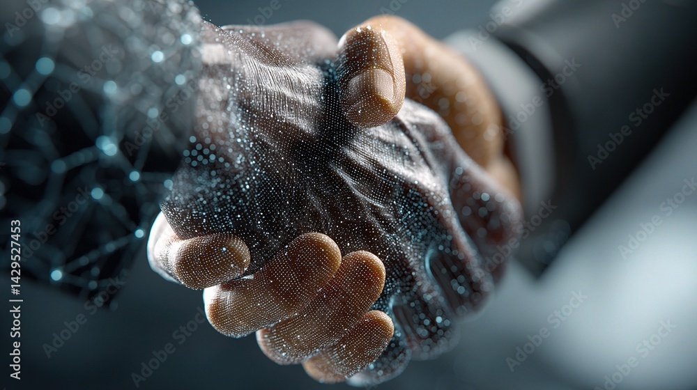Poster digital handshake representing connection and technology in business