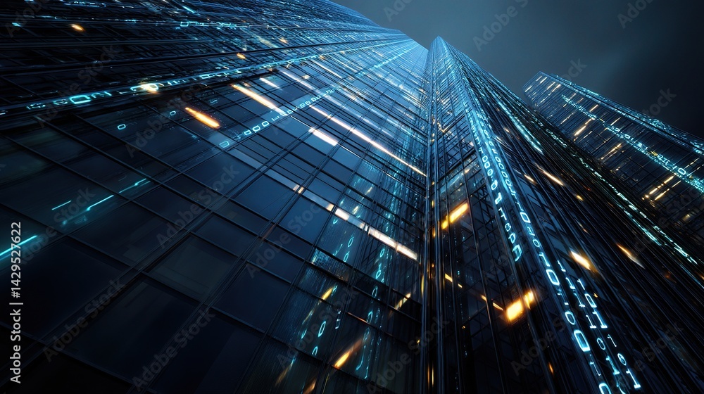 Poster futuristic glass skyscraper with binary code overlay at night