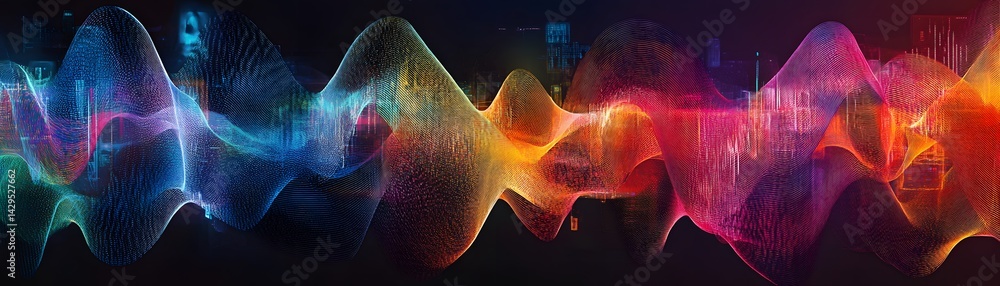 Poster a vibrant and colorful wave pattern representing sound frequencies