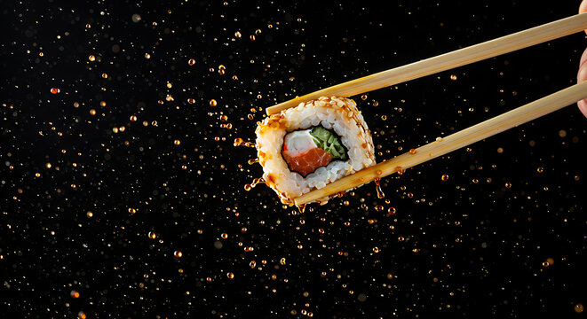 A delectable sushi roll, caught mid-air in chopsticks, with soy sauce droplets adding a dynamic burst against a deep, dark backdrop.