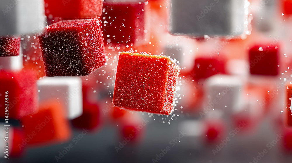 Poster abstract motion graphic of glowing red and white digital cubes floating in space, symbolizing data a