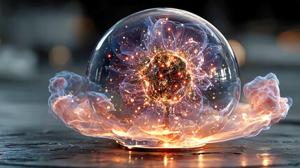 Abstract energy sphere filled with glowing particles and golden elements in motion, symbolizing power and transformation