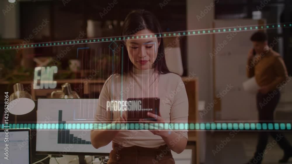 Poster female worker holding tablet showing data overlays in tech office with monitors showing bar charts