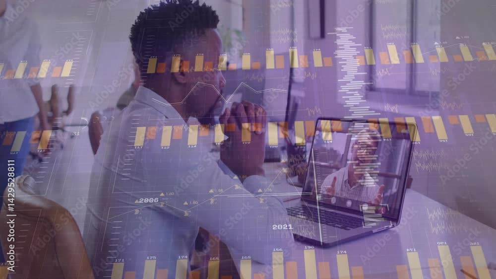 Poster man leaning on desk viewing laptop call in business office with animated bar and line charts