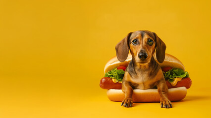 Creative dachshund dog dressed as hotdog with toppings. Whimsical food-animal fusion concept.  
