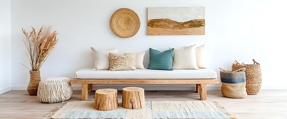 Coastal, bohemian living room decor with natural wood bench, pillows, and art
