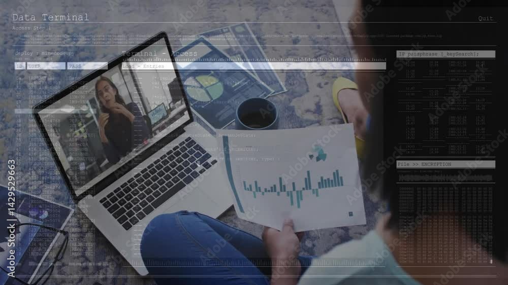 Poster data analyst sitting on carpet with laptop, holding chart while code and ui elements floating