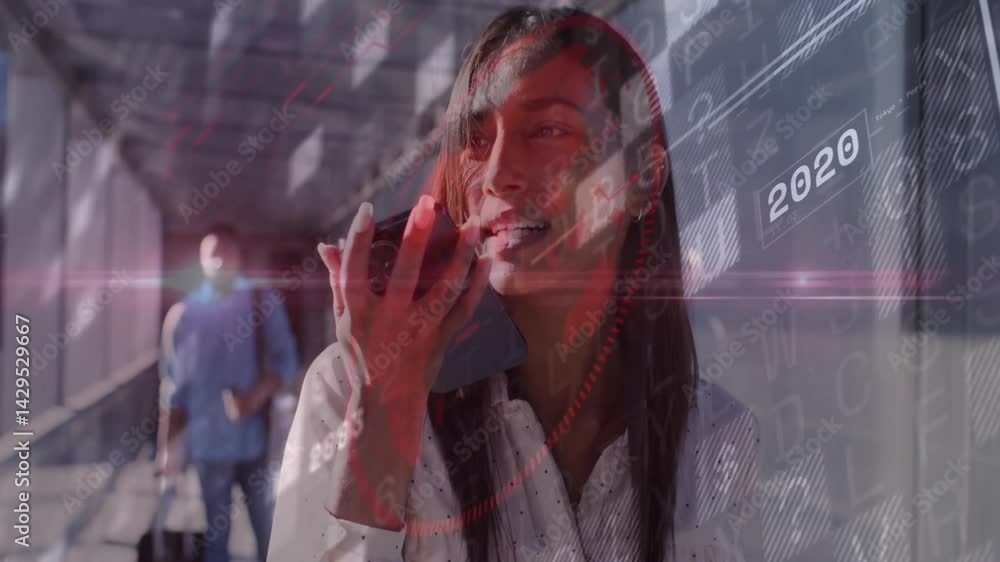 Poster woman speaking into smartphone in skybridge, showing red technology interface with numeric codes