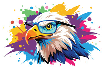 Fototapeta premium Colorful artistic bald eagle in with colorful paint splatters on white background.