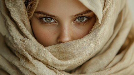Fototapeta premium Mysterious Gaze: A Portrait of a Woman Partially Veiled in Beige Fabric