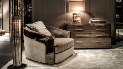 Luxurious modern lounge chair and cabinet ensemble.